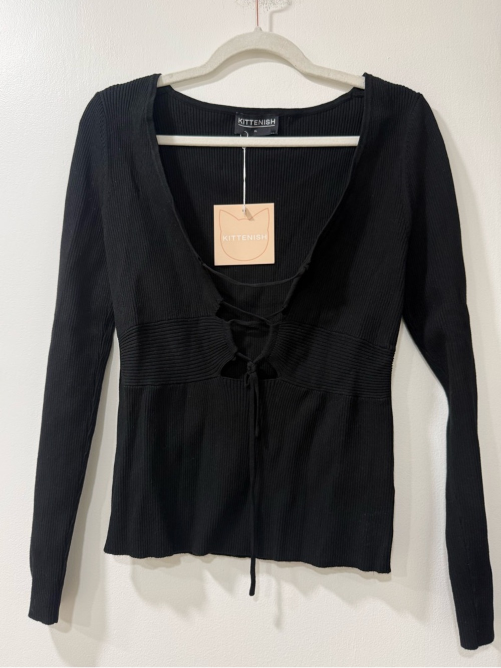 Kittenish Black Ribbed Tie-Front Long Sleeve Top